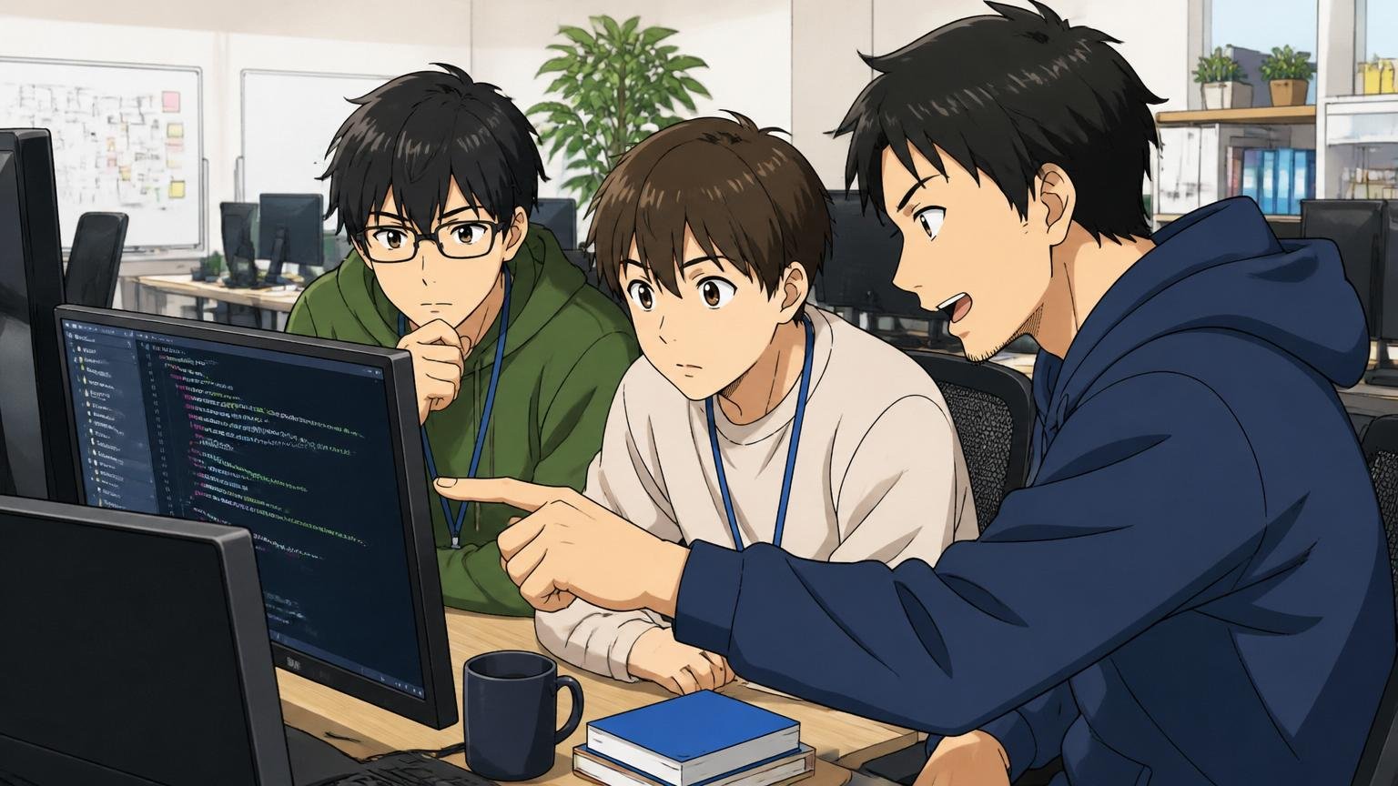 Web系スタートアップのオフィスで20代未経験エンジニア2人が真剣な表情で先輩からコードを学んでいる