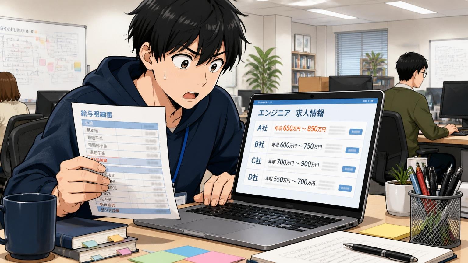 公開データで見る年収水準。Web系企業のオフィスで男性ITエンジニア1名がノートPCで給与明細と求人情報を見比べる場面