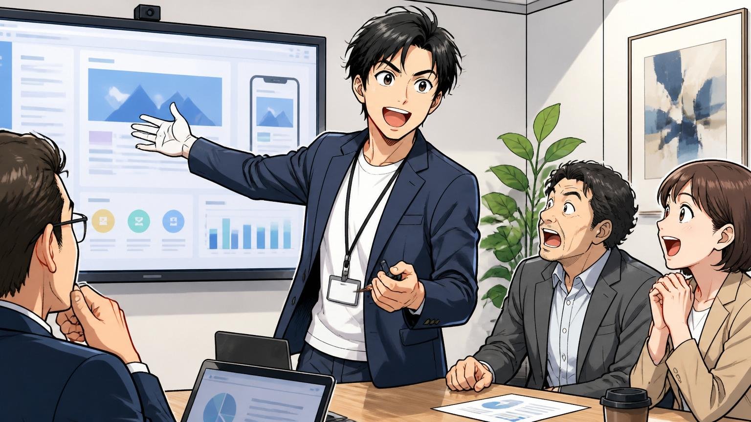 Web系スタートアップのオフィスで大型クライアントとの商談を任され堂々とプレゼンする20代後半男性エンジニア