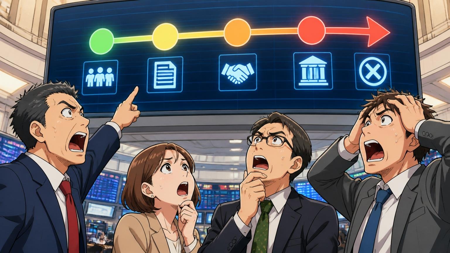博報堂DYによるTOBと上場廃止のスケジュール。証券取引所のフロアでビジネスマン4人が電光掲示板を見上げる