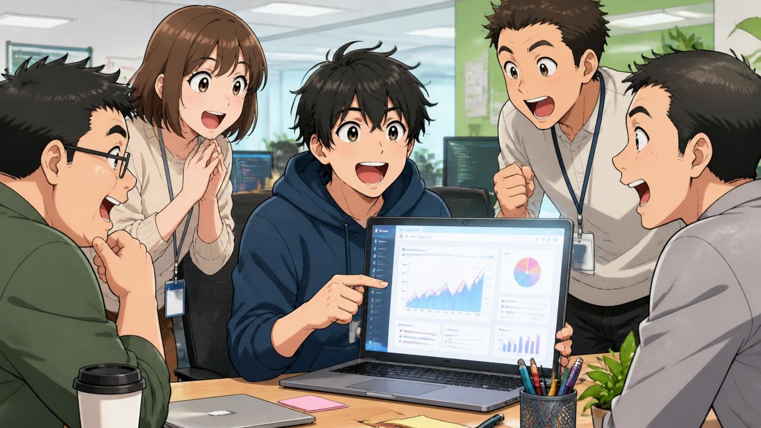 Web系メガベンチャーのオフィスで、若手エンジニアが自分の手がけたサービスのデモ画面を笑顔でメンバーに見せている