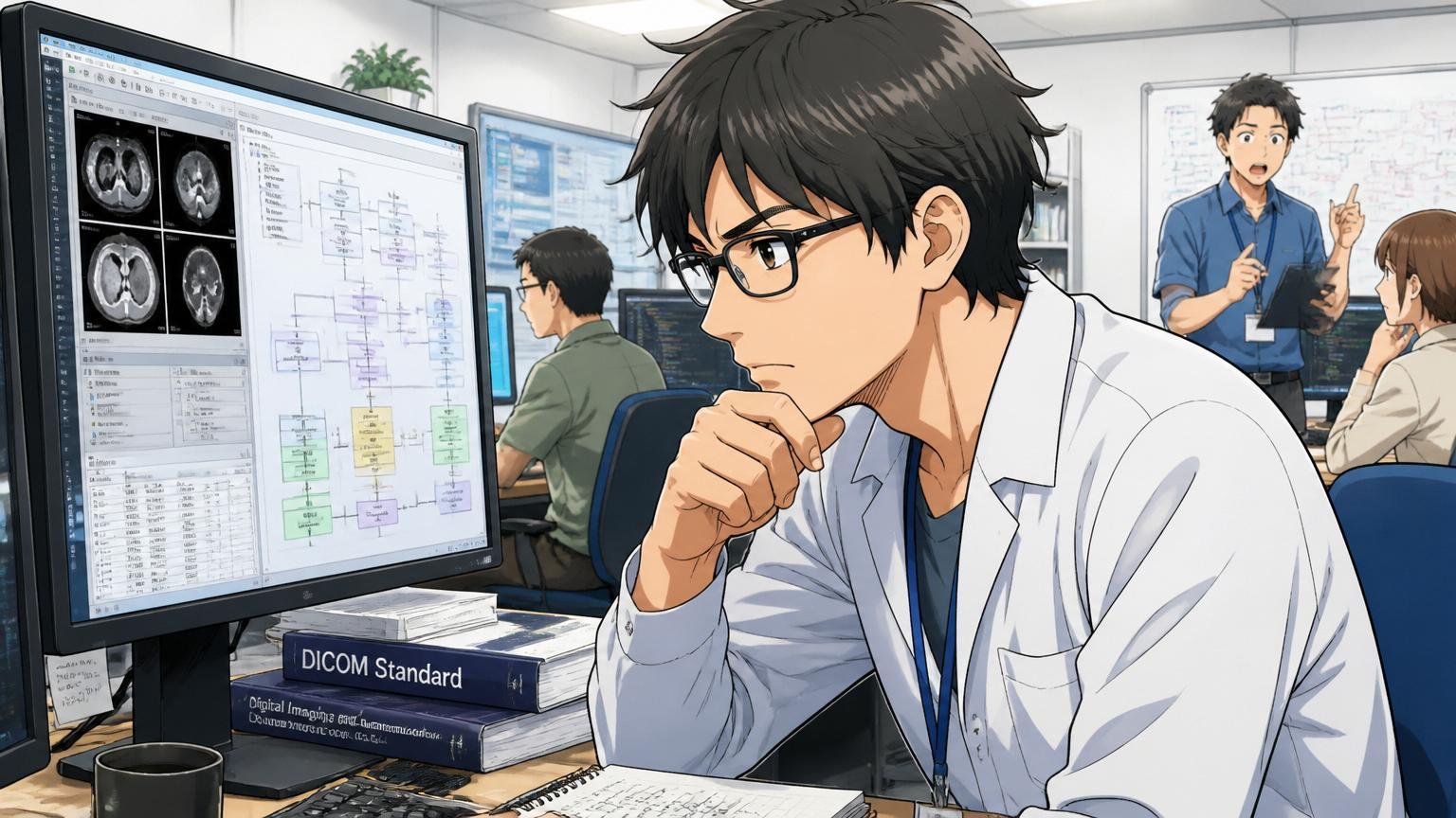 SIerの開発現場で30代男性医療系エンジニアがDICOM規格のドキュメントを画面に表示し集中する