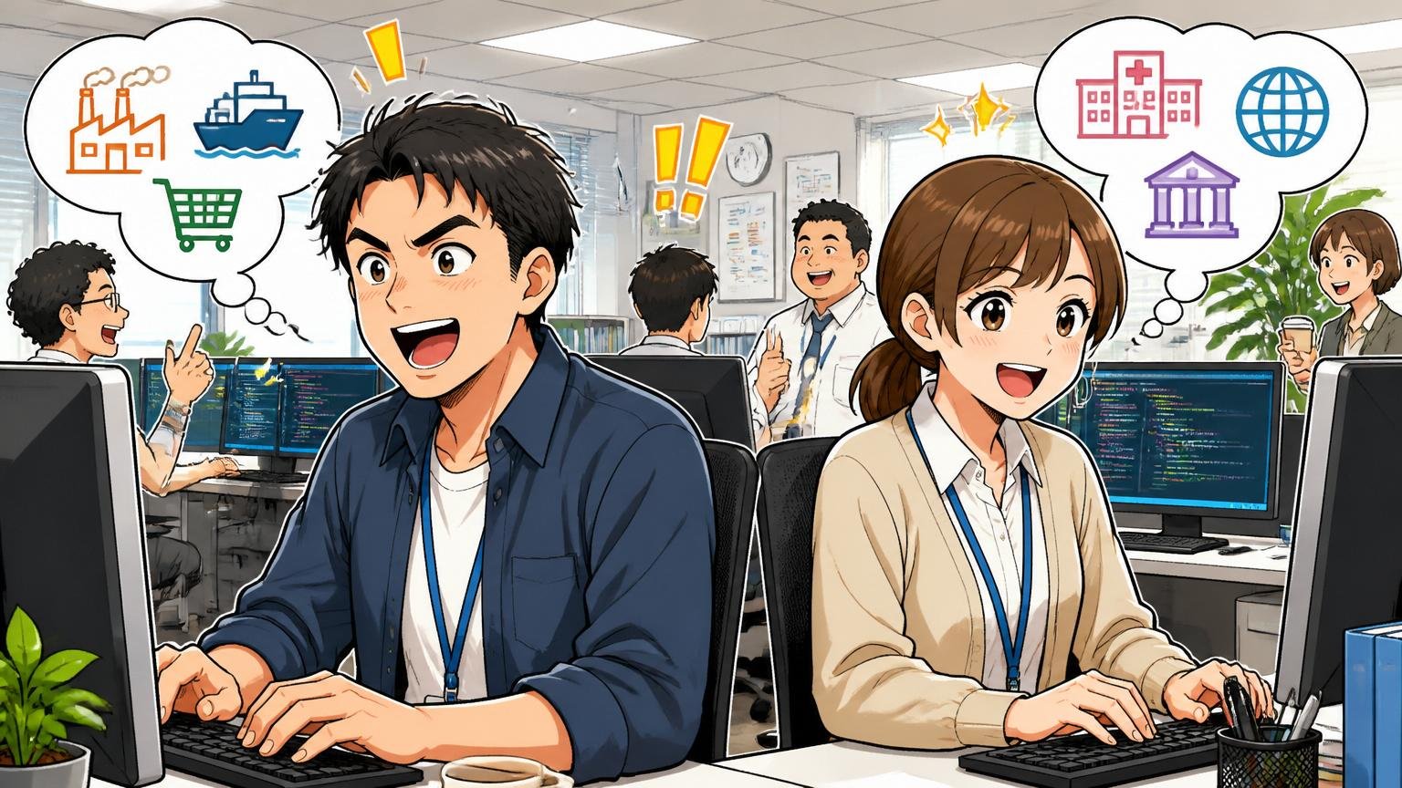 DITに向いている人の3条件・SIerオフィスで満足げにキーボードを打つ複数業界経験のある男女エンジニア2名