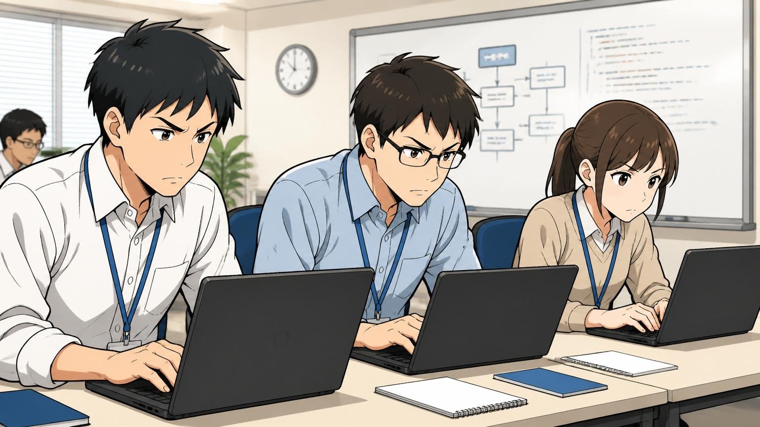 未経験から実務2年未満。SIerの研修施設で、男性新人社員2人と女性新人社員1人が真剣な表情でノートPCの画面に向かいプログラミング研修を受けている