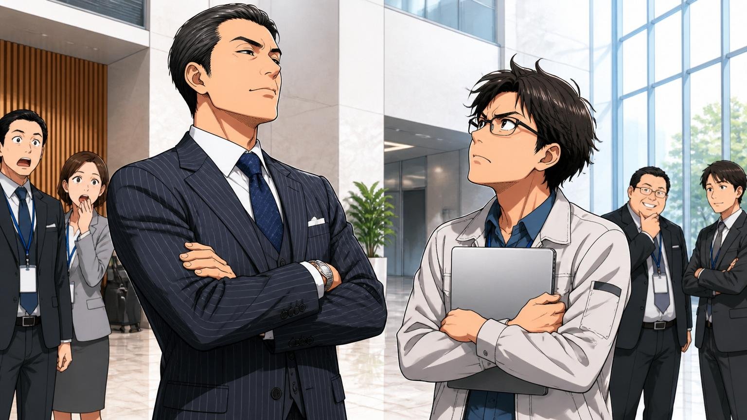 NEC本体との違い。大企業のロビーで本社所属の役員と子会社所属のエンジニアが対比的に立つ場面