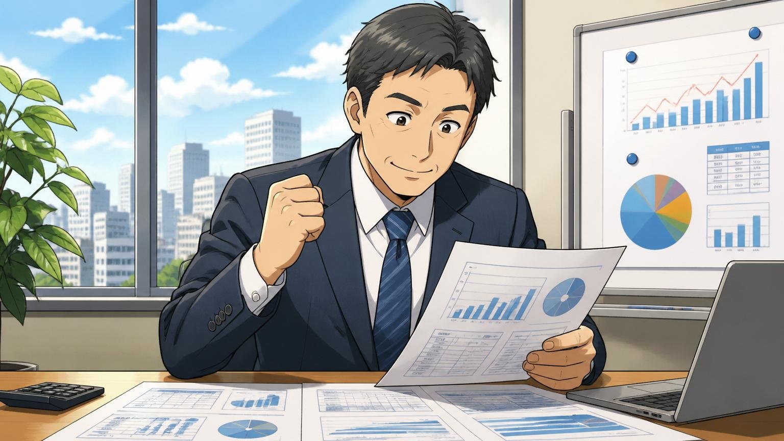 財務資料を見ながら会社の安定性を確認するビジネスパーソン。企業の会議室で資料を広げる40代男性1人、安心した表情