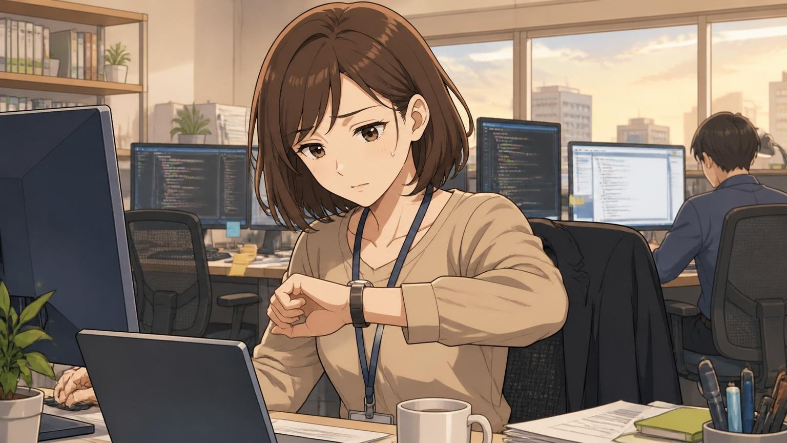 残業時間の検証。Web系オフィスで30代女性エンジニアが時計を見て少し疲れた表情を浮かべる夕方の風景