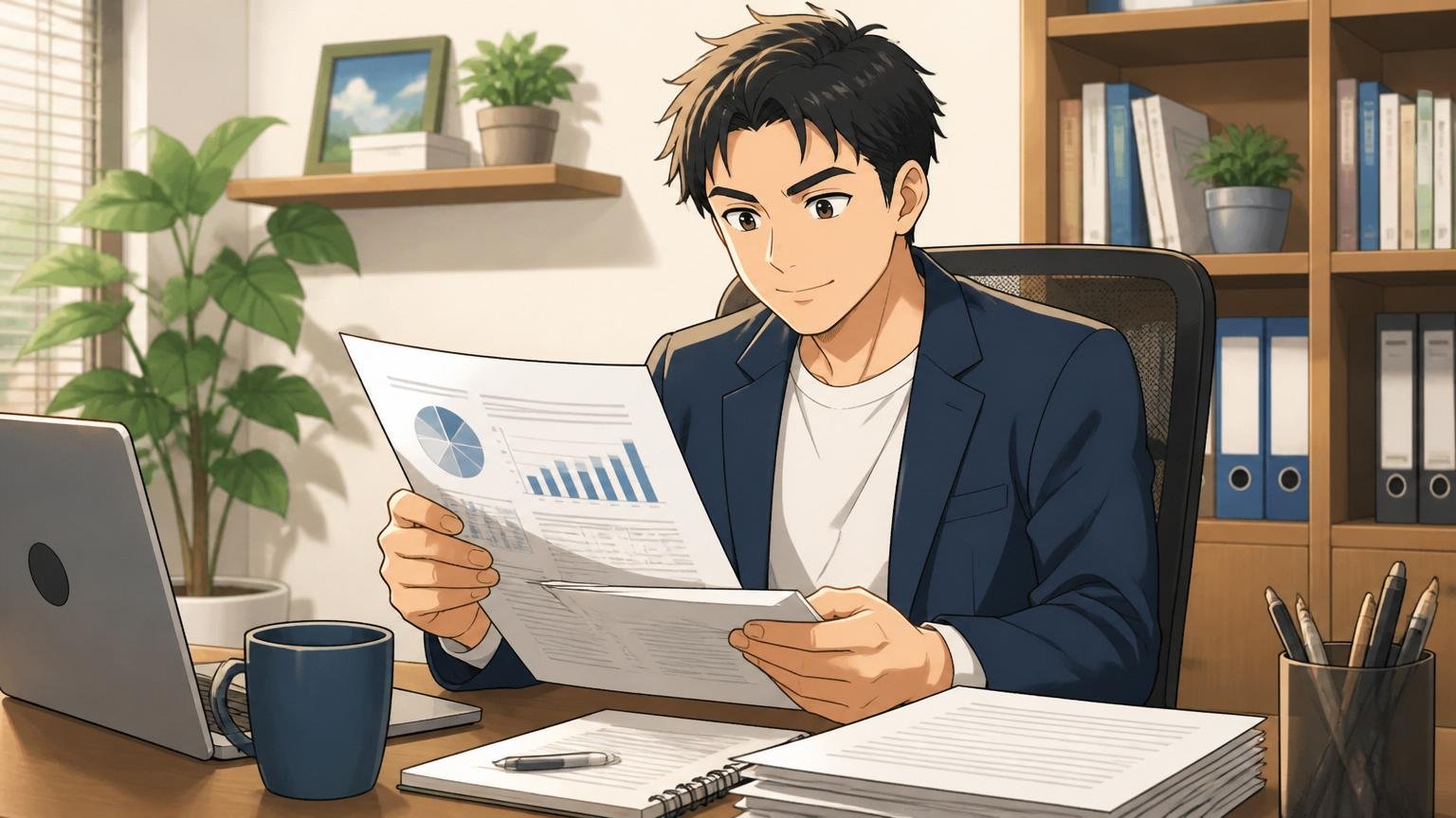 自宅のデスクで在宅勤務をするコンサルタント1人、リラックスした表情で書類を読む