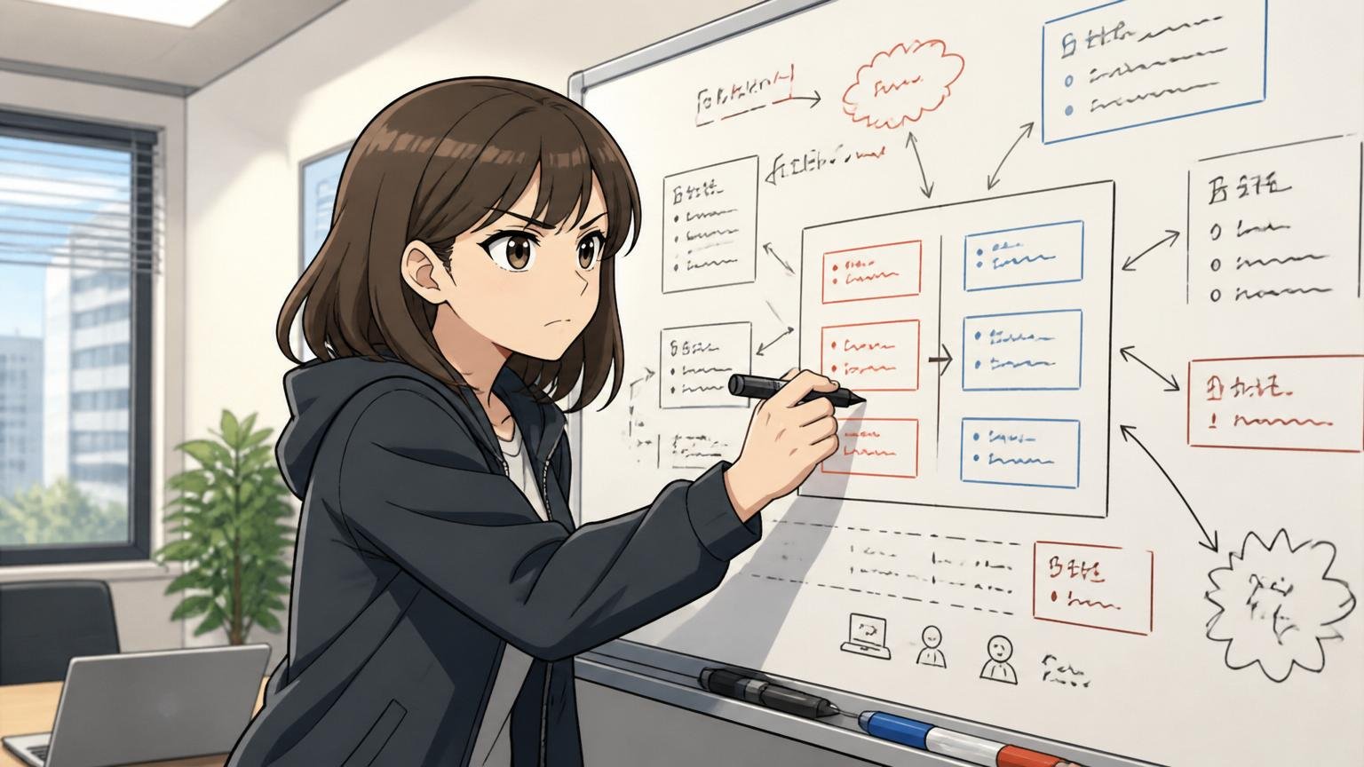 「やめとけ」と言われる理由とその実態を整理する 企業の会議室でホワイトボードに整理する女性エンジニア1人 真剣な表情