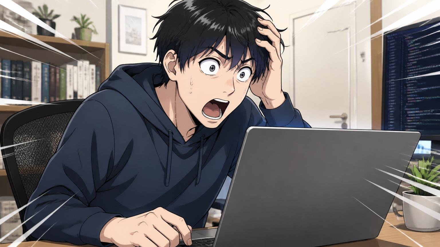 自宅のデスクで20代男性エンジニアがAzure求人サイトの年収を見て驚く