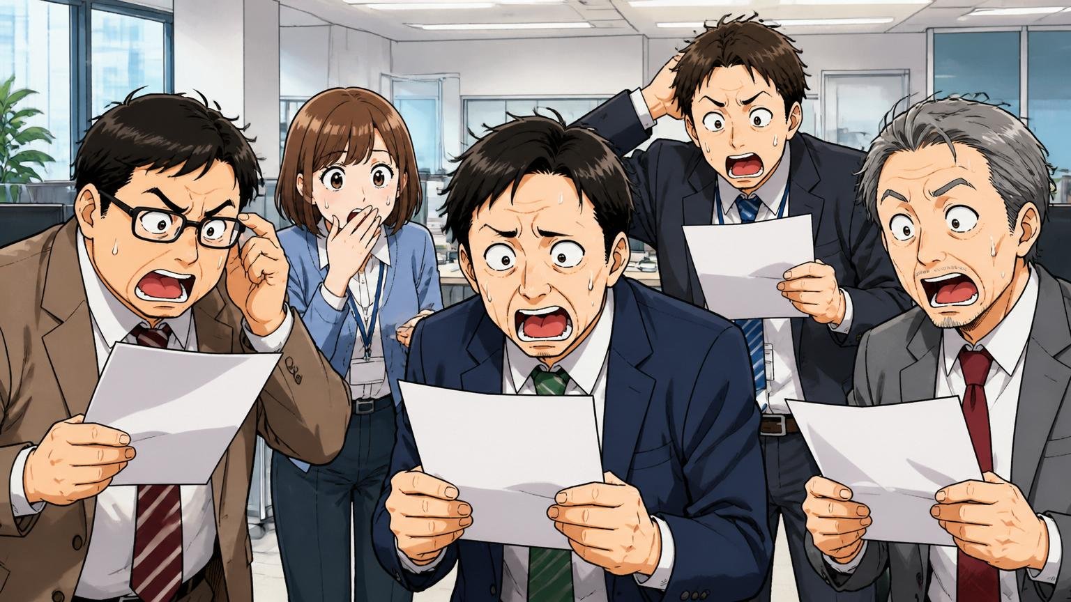 企業の本社オフィスで合併発表の社内通達を読む社員たち