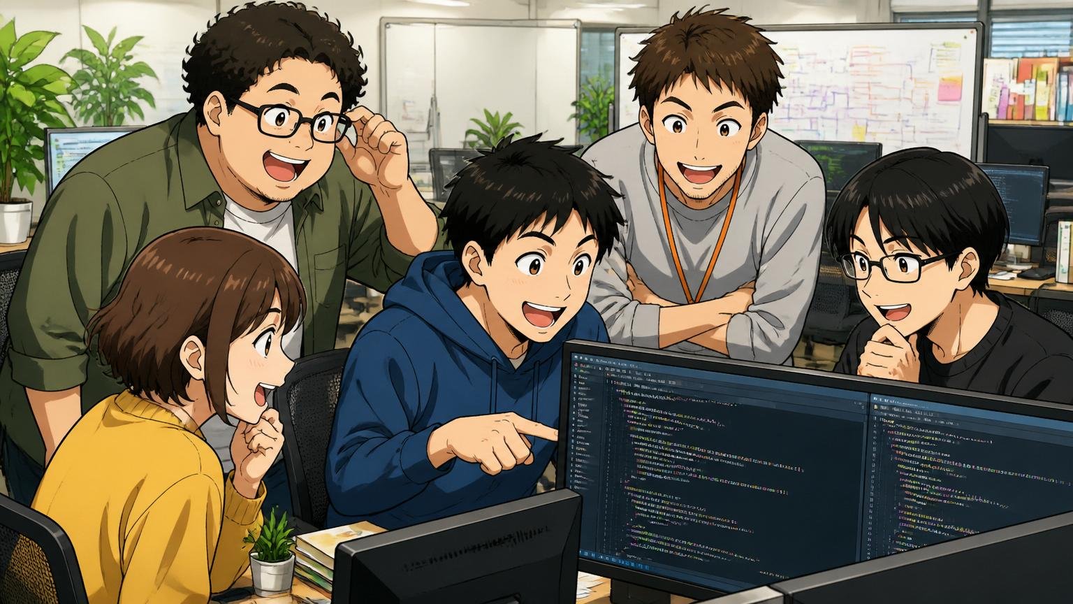 Web系事業会社の開発フロアで、エンジニア5人がモニターを囲んでコードレビューに笑顔で取り組む