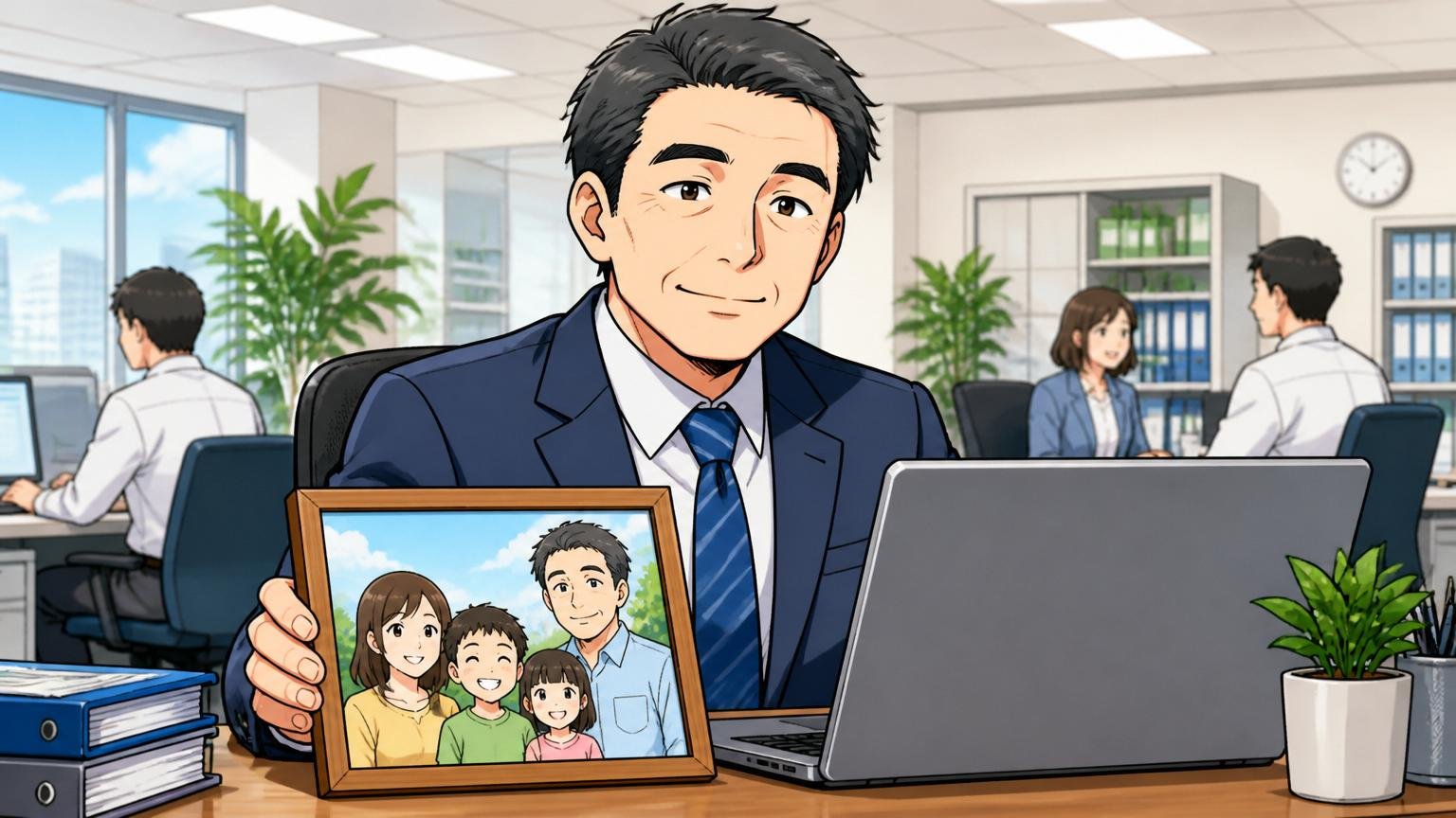 企業のオフィスのデスクで40代男性社員が穏やかな表情で家族写真とPCを並べ、安定した働き方に満足している様子