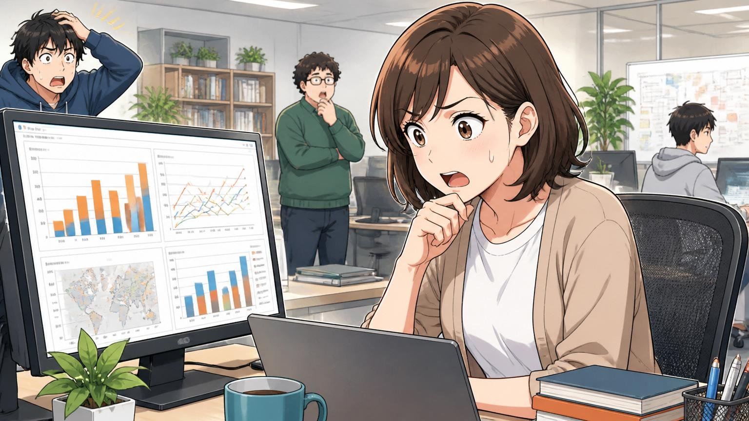 Web系スタートアップのオフィスで年収比較データを眺める30代女性エンジニア