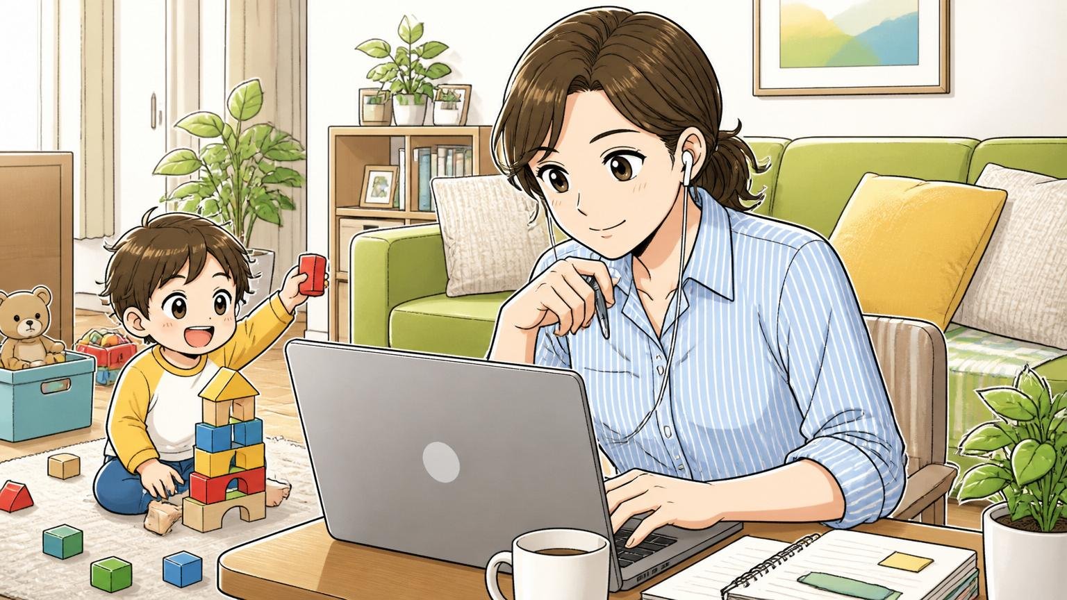 自宅のリビングでテレワーク中の30代女性社員1人と幼児がそばで遊んでいる穏やかなシーン