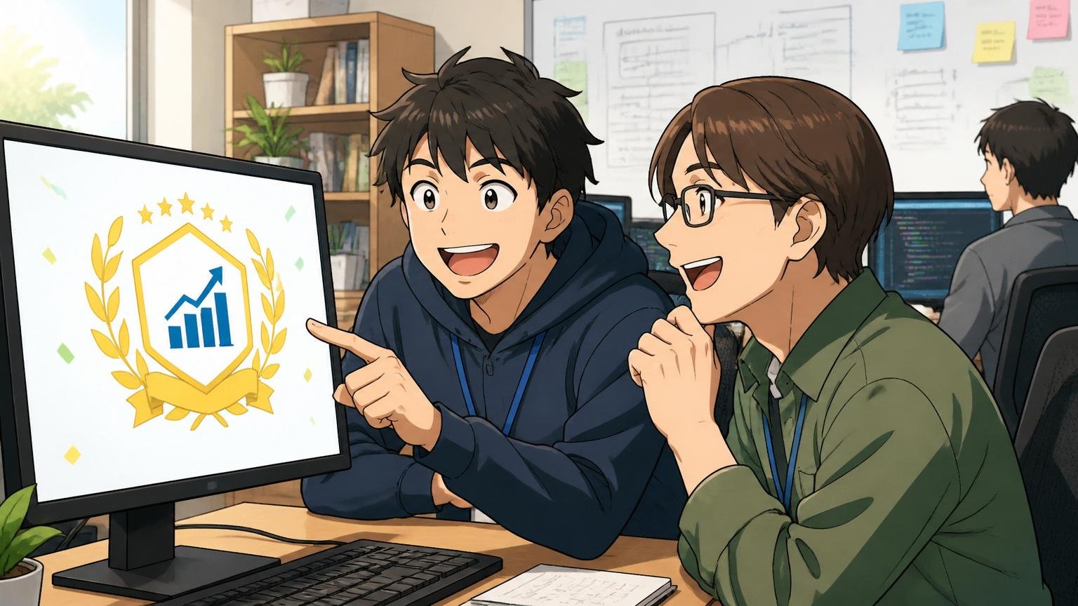 長期運営サービスの安定性を確認するWeb系自社開発のオフィスで長期サービスのロゴを見るエンジニア2人微笑む表情