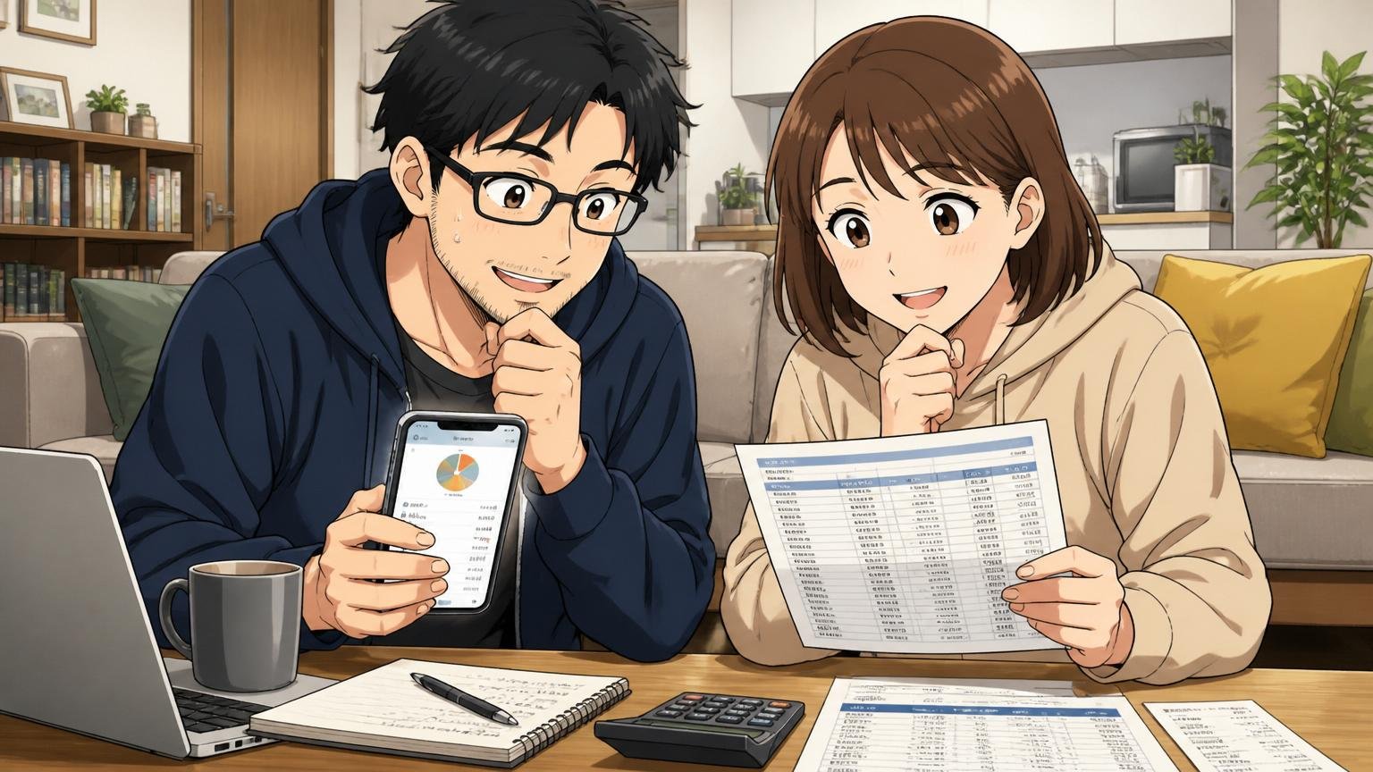 自宅のリビングで家計簿アプリと給与明細を見比べる30代夫婦エンジニア、表情に少し安堵