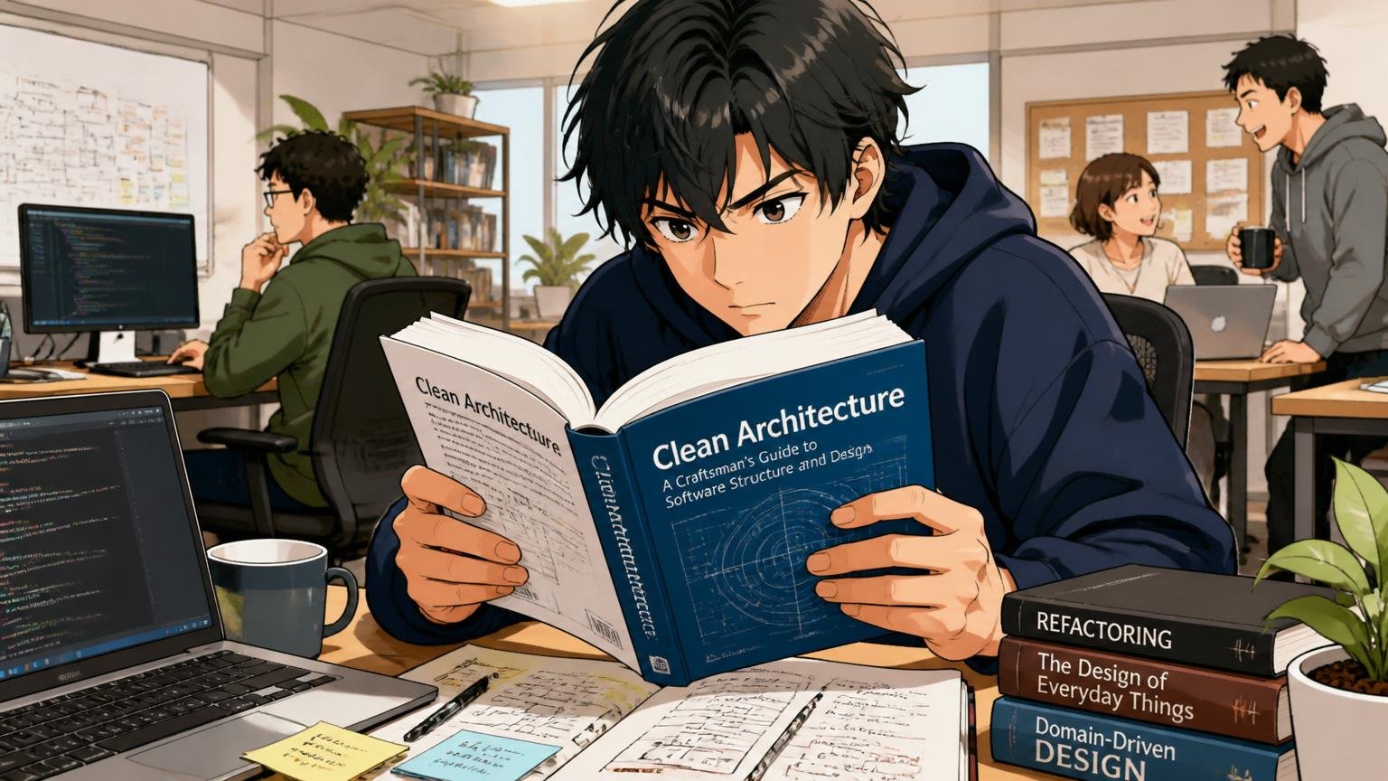 Web系スタートアップのオフィスで技術書を読み込む20代後半のエンジニア、向上心の表情