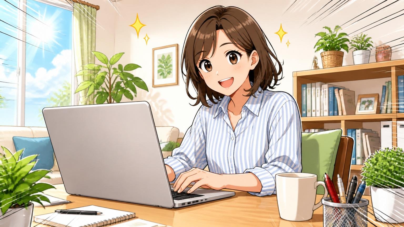 自宅でリモートワーク、明るい部屋で30代女性、笑顔でPCを操作