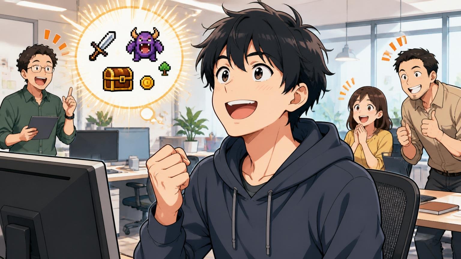 Web系スタートアップのオフィスで自分のスキルの価値に気づき前向きな表情になるゲーム開発出身のエンジニア1人