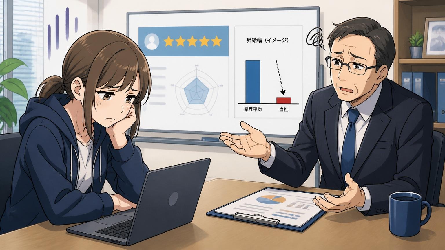 評価が良くても昇給幅が小さい仕組み。オフィスの評価面談で表情を曇らせる女性エンジニアと上司