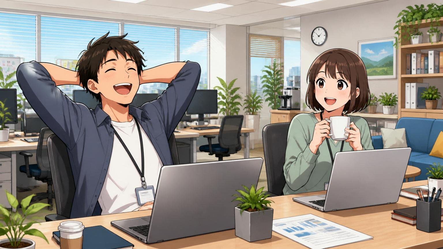 残るメリットは福利厚生と働き方の自由度。IT企業のオフィスで社員2人が笑顔でリラックスして働く