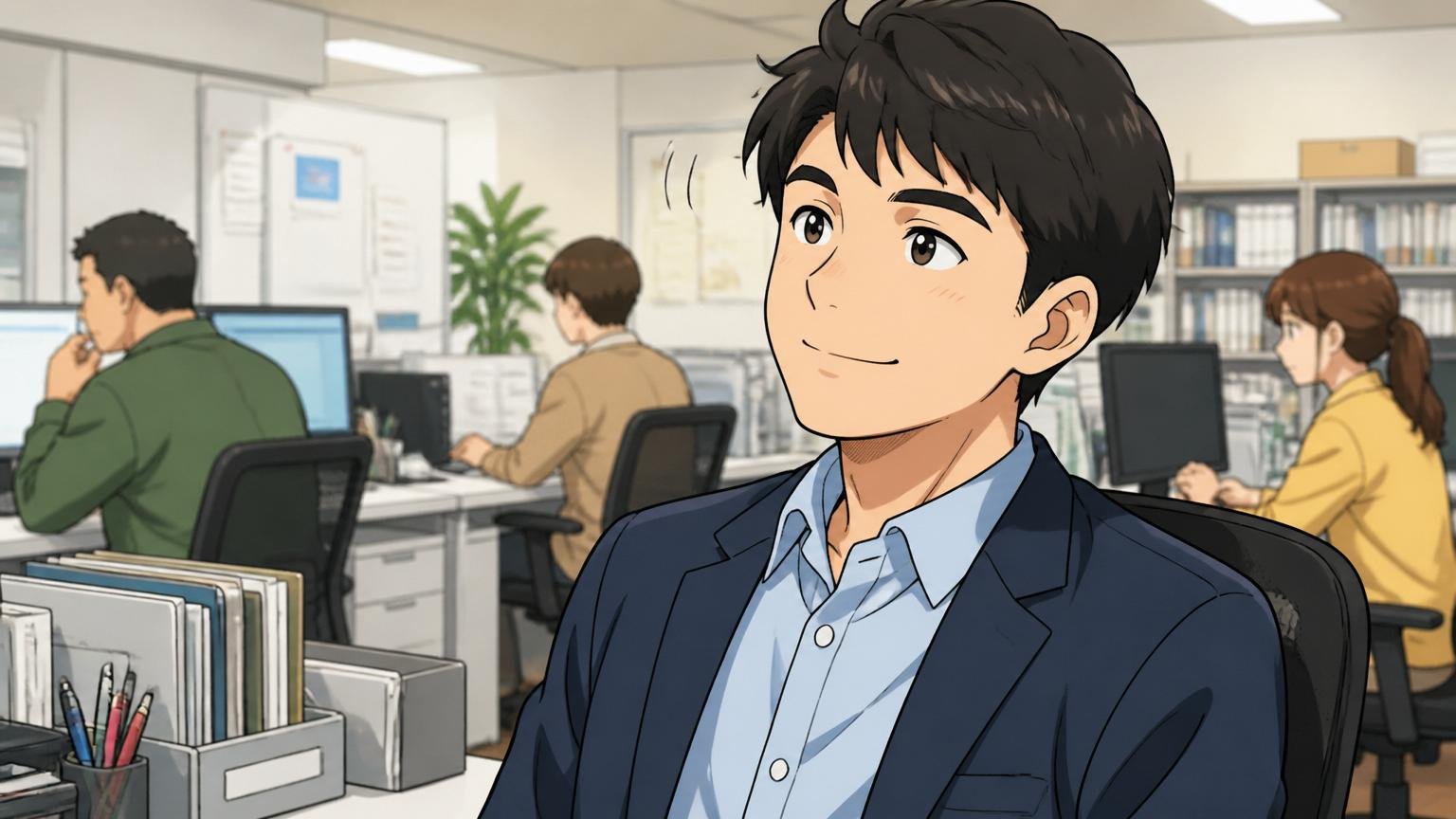 任天堂に残ることが正解になる人。オフィスで男性社員1人が落ち着いた表情でうなずく
