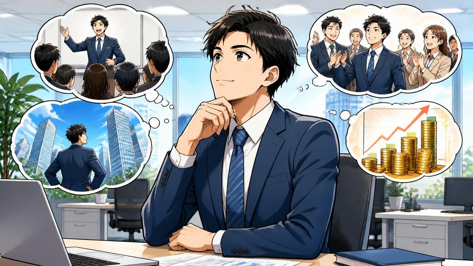 SCSKで昇進した場合の年収を考える。企業のオフィスで男性社員1人が昇進後のキャリアを思い描く表情