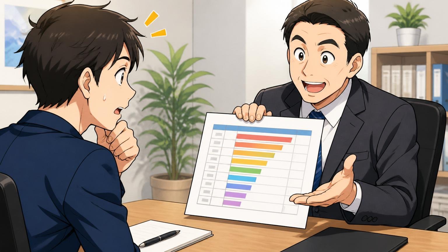 ITエンジニアの職種別の平均年収を知る。転職エージェントの面談ルームで男性アドバイザーが年収表を見せる