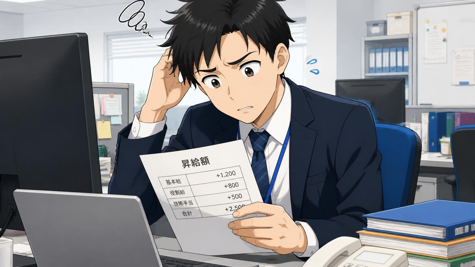 理由1初任給は普通でも伸び率が体感しにくい。SIerのデスクで昇給額を見て首をかしげる男性社員1人