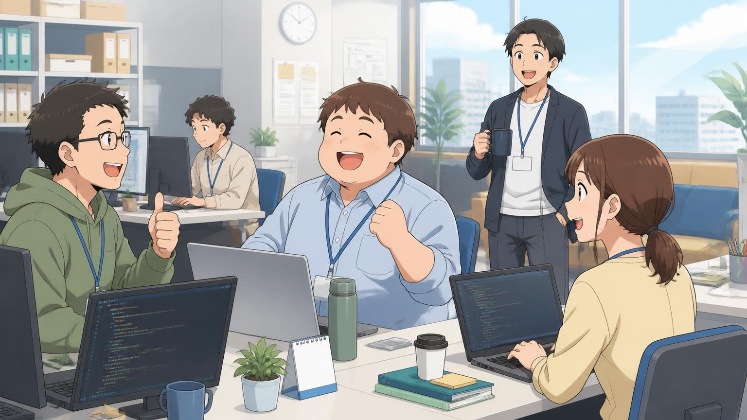 安定性や福利厚生や働きやすさをフェアに評価する。明るいSIerのオフィスで穏やかに働く数名のエンジニア