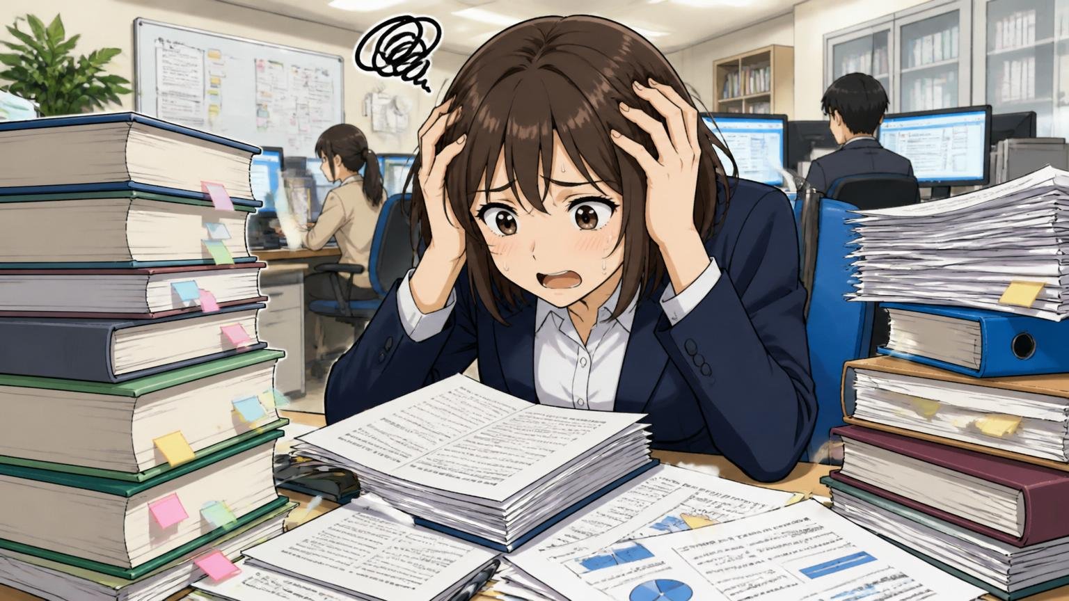 昇給が等級資格社内論文に紐づく。SIerのデスクで分厚い資格本と論文資料に囲まれ疲れる20代女性社員1人