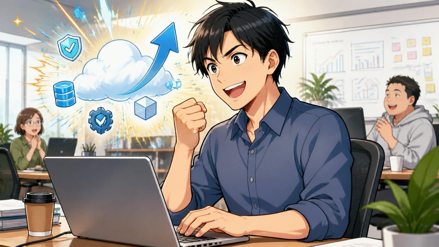 テラスカイで積んだクラウドスキルの市場評価。オフィスで30代男性エンジニアが自信を取り戻す表情でPC作業