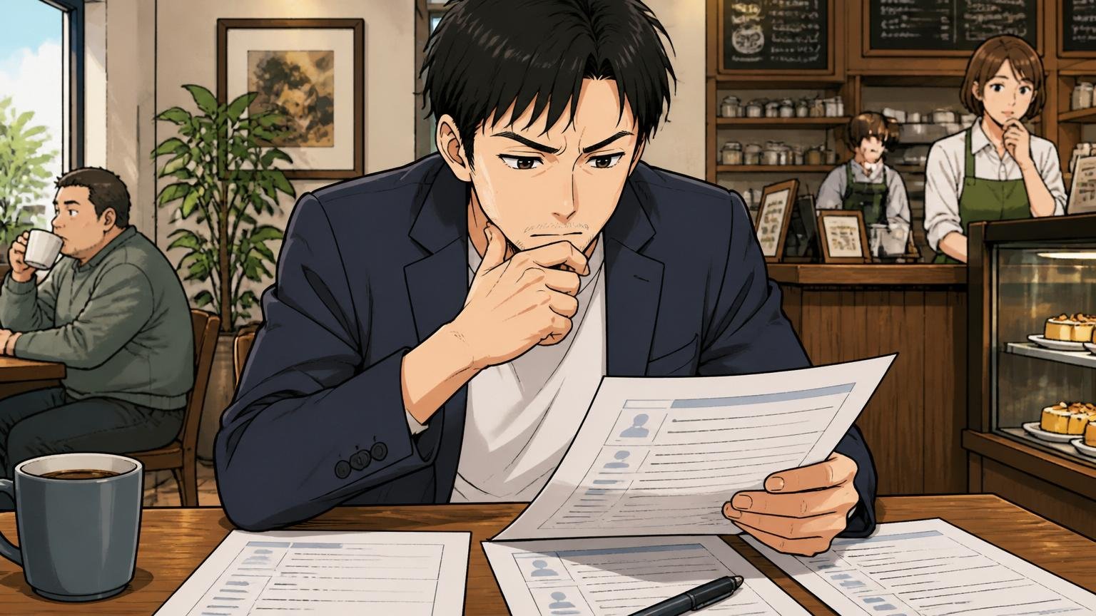 市場価値を外の物差しで測る。カフェで30代男性エンジニアが職務経歴書を広げて見直す真剣な表情