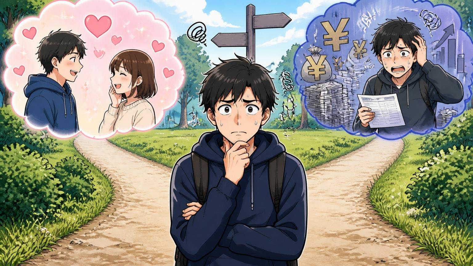 好きと年収不満を混同すると判断ができなくなる。分かれ道の前で迷い立ち尽くす男性エンジニア1人