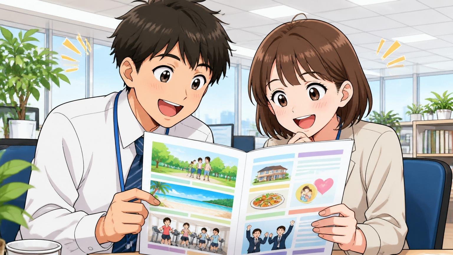 大手SIerの明るいオフィスで手厚い福利厚生の資料を見て安心した笑顔を見せる若手社員2人