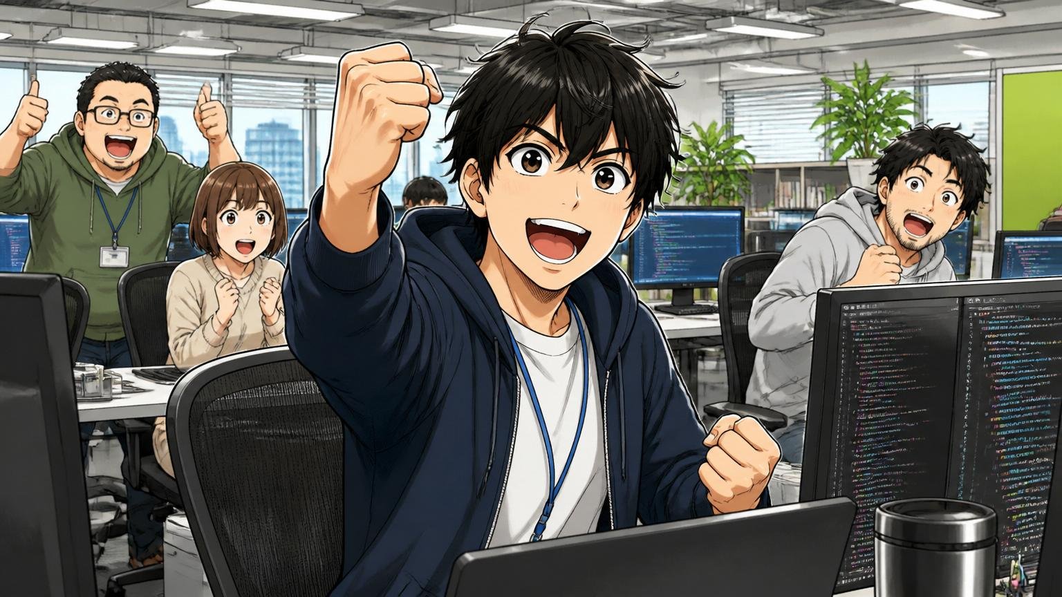 成果主義は使いこなせば最強の武器になる。Web系企業のオフィスでガッツポーズする若手男性エンジニア