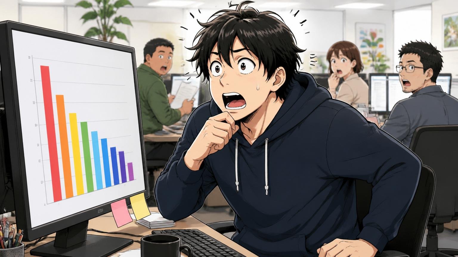 職種別年収で見える評価軸のズレ、Web広告代理店のフロアでエンジニア1人が職種別グラフを見て驚く