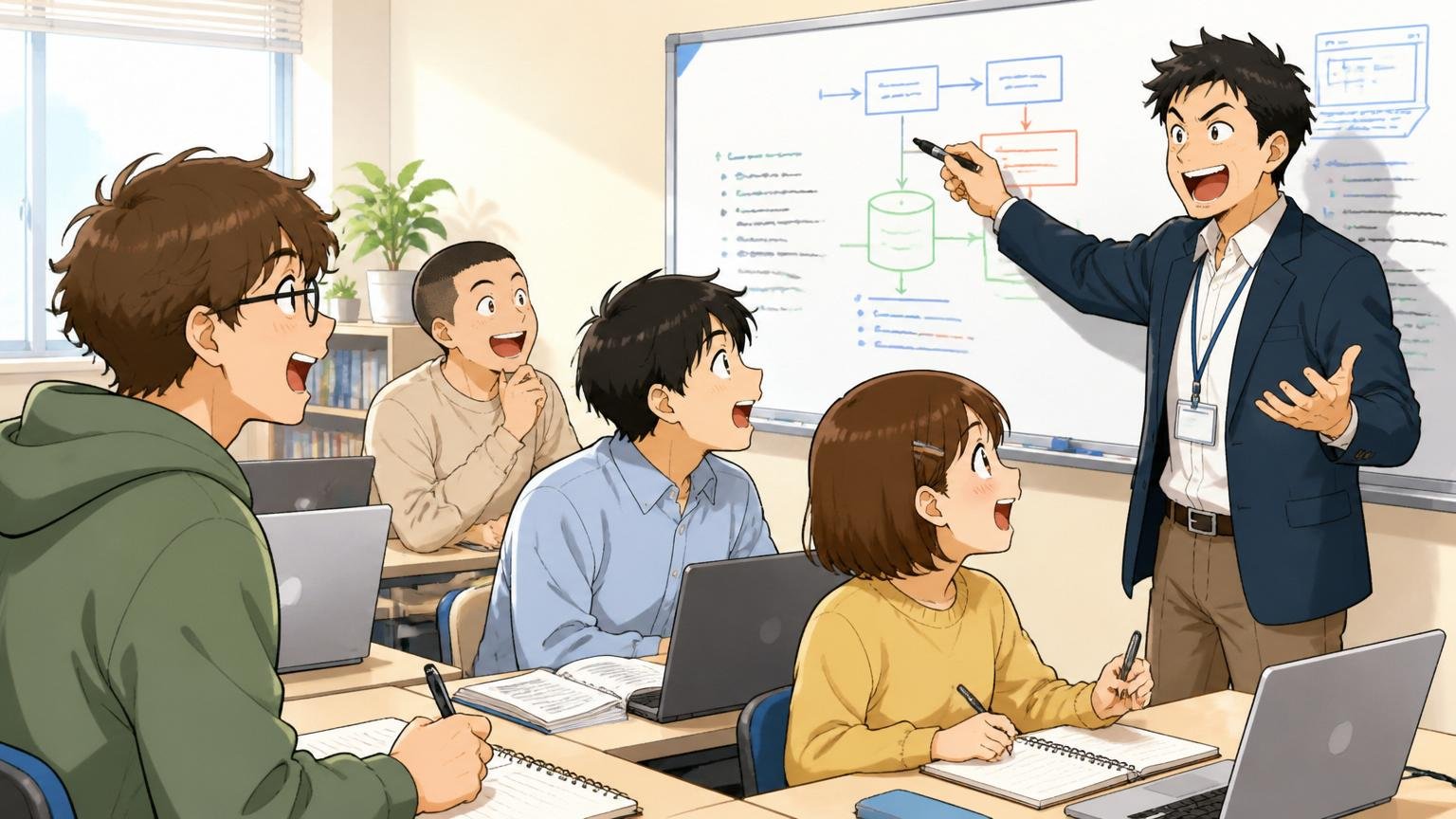 未経験から入れて研修や資格支援がある。明るい研修ルームで講師に熱心に学ぶ新人エンジニア数人