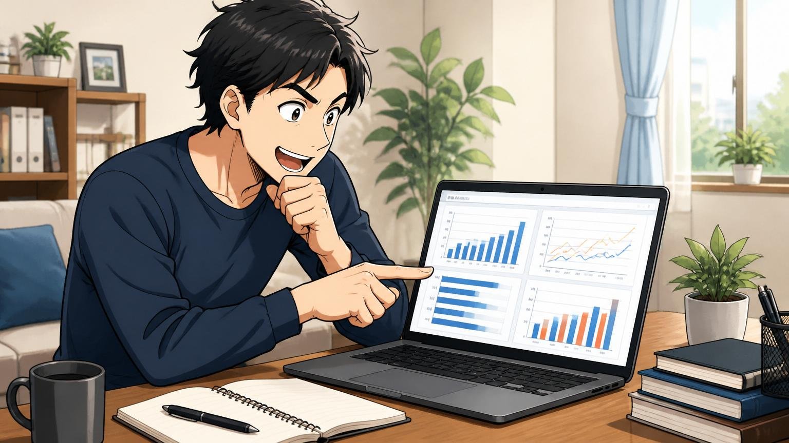 市場のエンジニア年収相場を知る。自宅で年収相場のグラフをノートPCで見比べる30代男性エンジニア