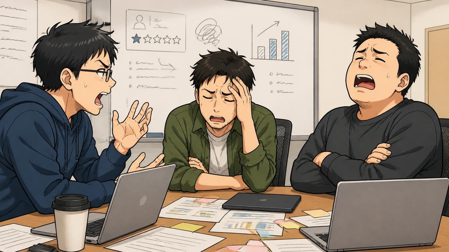 企業の会議室で評価制度への不満を打ち明け合う30代のエンジニアたち3人