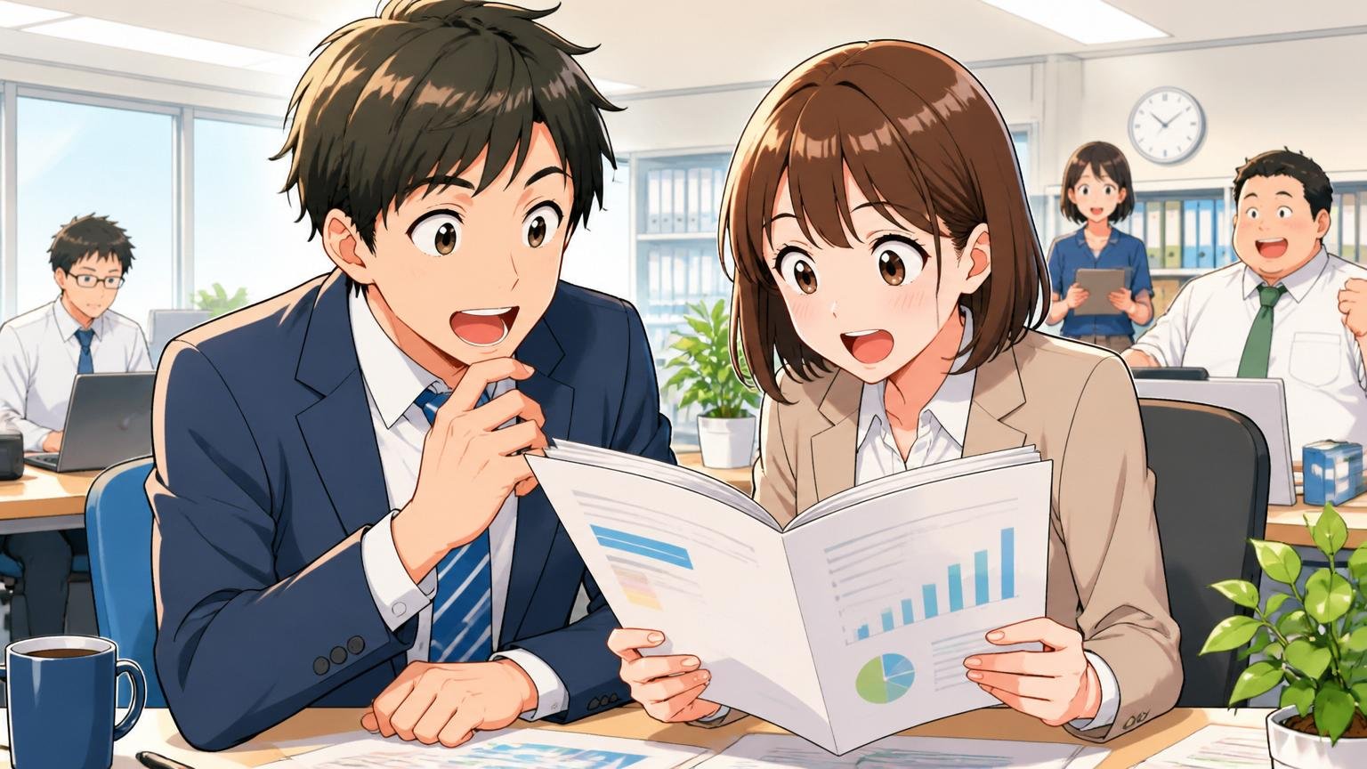ジョブ型雇用への移行で変わりつつあること。明るいオフィスで新しい人事制度の資料を読む男女2人