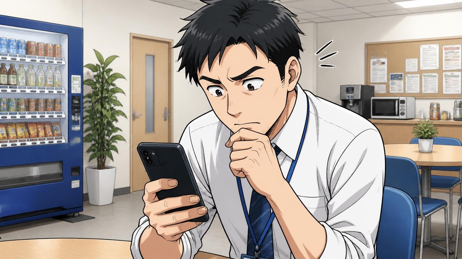 年収が低いと感じている人の声 SIerの休憩スペースで口コミサイトをスマホで読み深くうなずく30代男性社員1人
