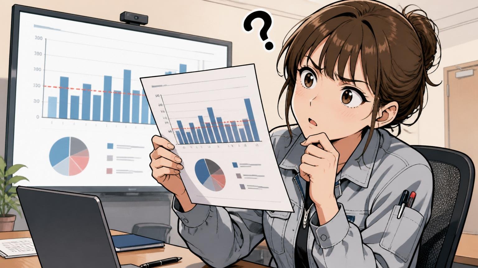 会社の平均年収を見てもあなたの年収はわからない。会議室で女性エンジニアが平均値の資料に首をかしげる