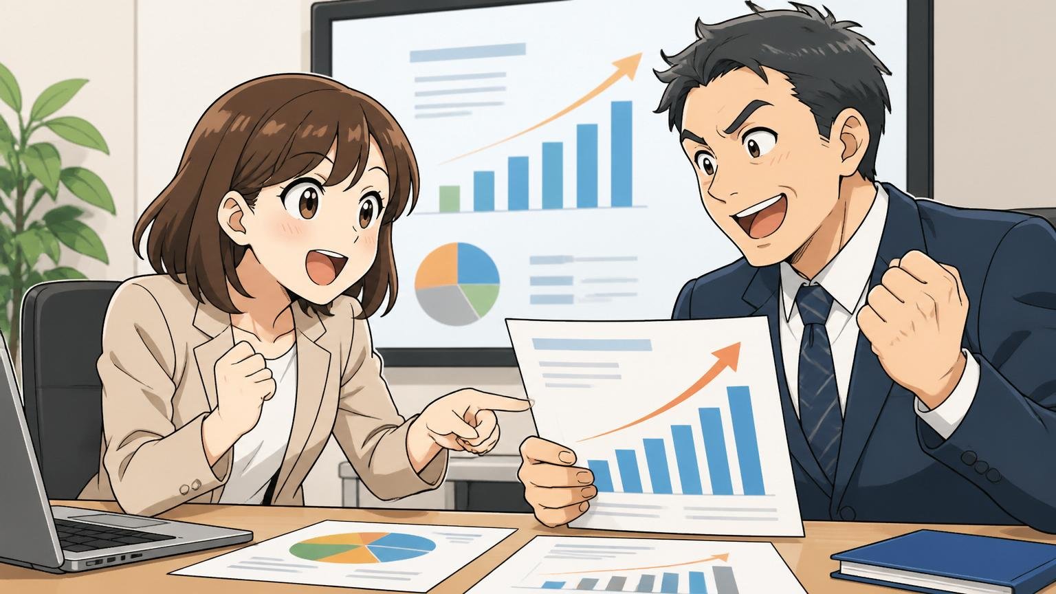 平均約6パーセントの賃上げ 若手の昇給賞与も上昇傾向 企業の会議室で 30代女性と40代男性の2人 賃上げの資料を見て前向きに話し合う