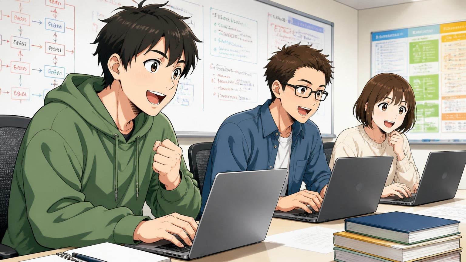 200種類超の研修制度と無期雇用ならではの安定。研修ルームで20代エンジニア3人がPCで学習し前向きな表情