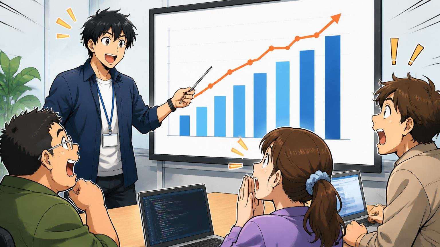 ITエンジニアの年代別平均年収というものさし。会議室で男性エンジニアが年収グラフを指して説明する