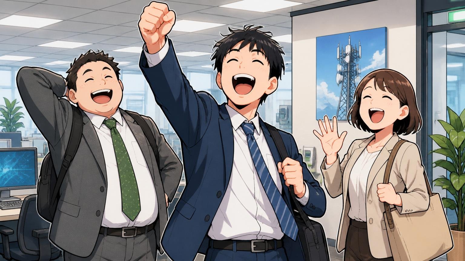 有給取得率92%という働きやすさ。通信会社のオフィスで定時退社しほっとする社員3人