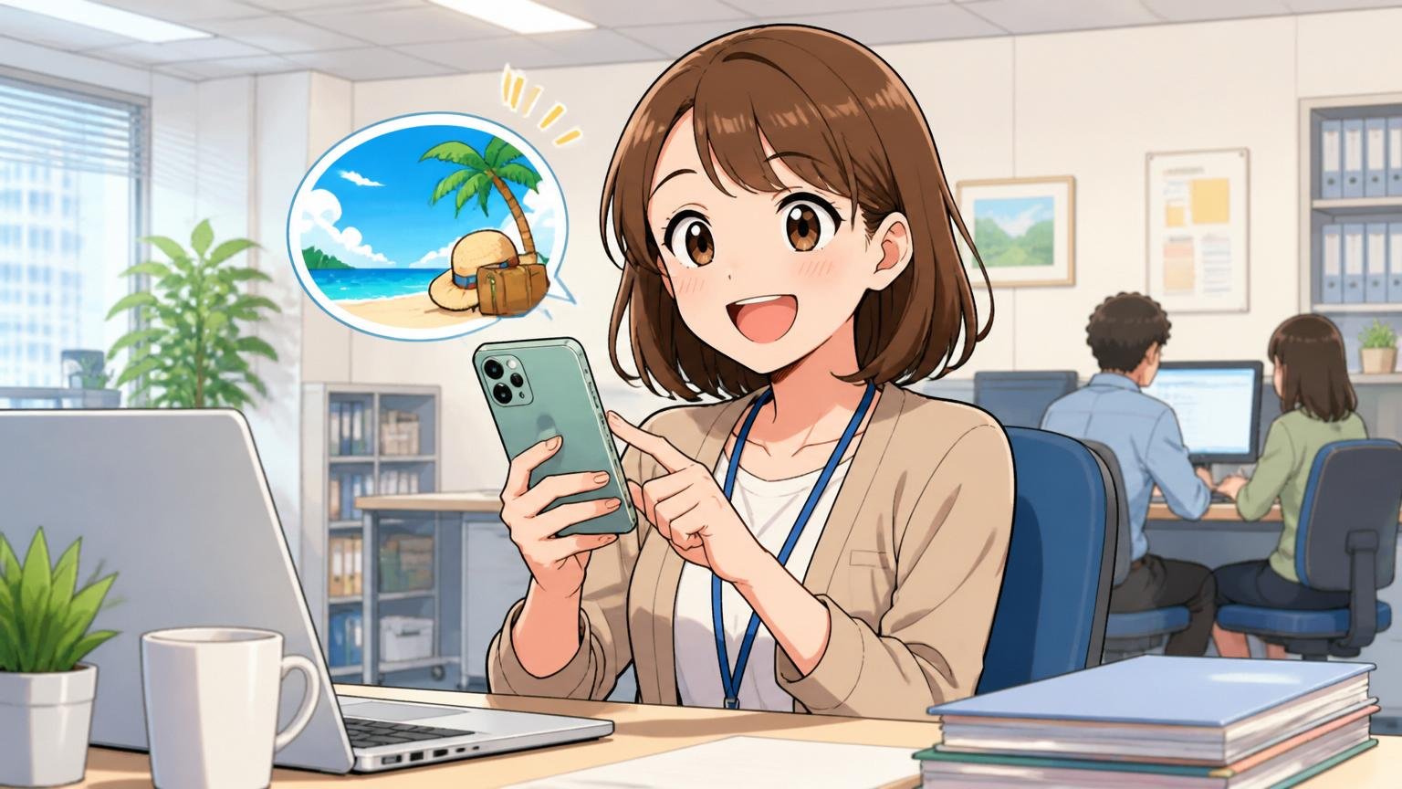 安定と福利厚生という土台|SIerのオフィスでリラックスして有給申請をする笑顔の女性社員1人