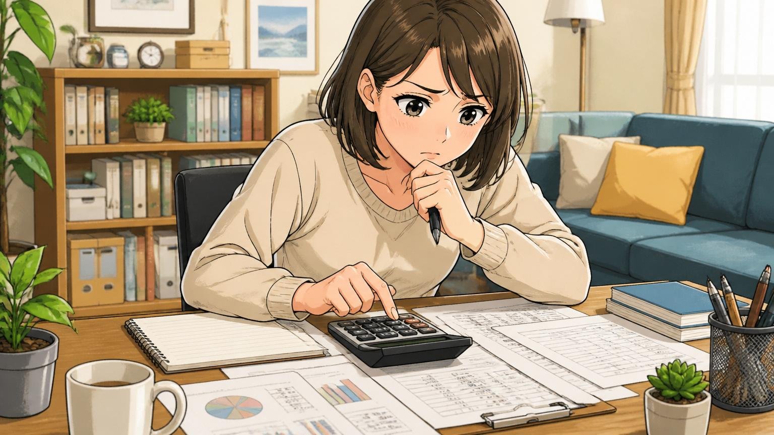 今の昇給ペースで5年後10年後の年収を計算する 自宅のデスクで電卓と紙で年収を試算する30代女性 真剣な表情